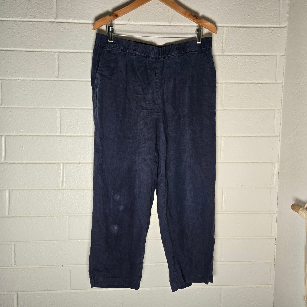 Quince Women Linen Pants Navy Large Elastic Waist Relaxed Cropped Boho Resort